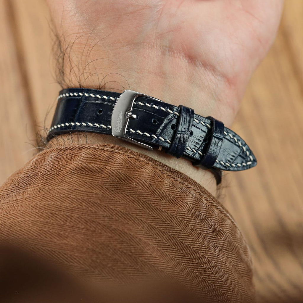 Arnem Handgefertigter Kalbsleder-Uhrenarmband mit Alligator-Design in Navy Blau
