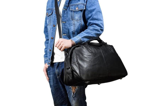 Black Leather Travel Luggage Bag Mens and Womens