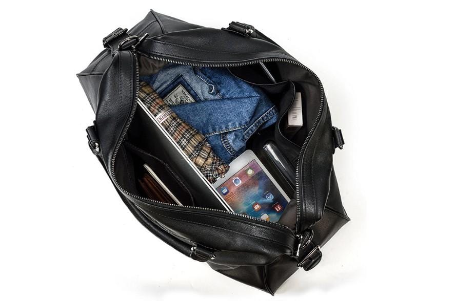 Black Leather Travel Luggage Bag Mens and Womens