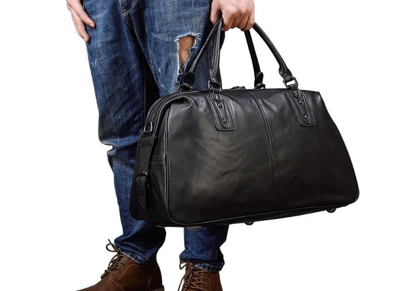 Black Leather Travel Luggage Bag Mens and Womens