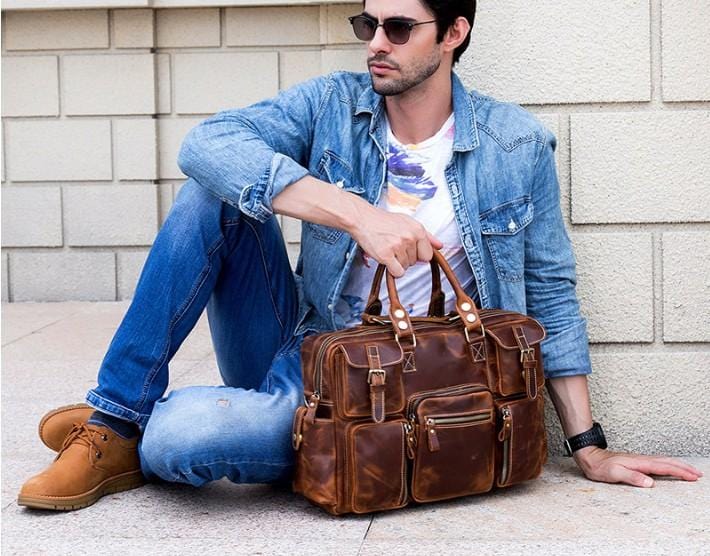 Mens Brown Leather Weekend Bag Womens Weekender Duffel for Luggage