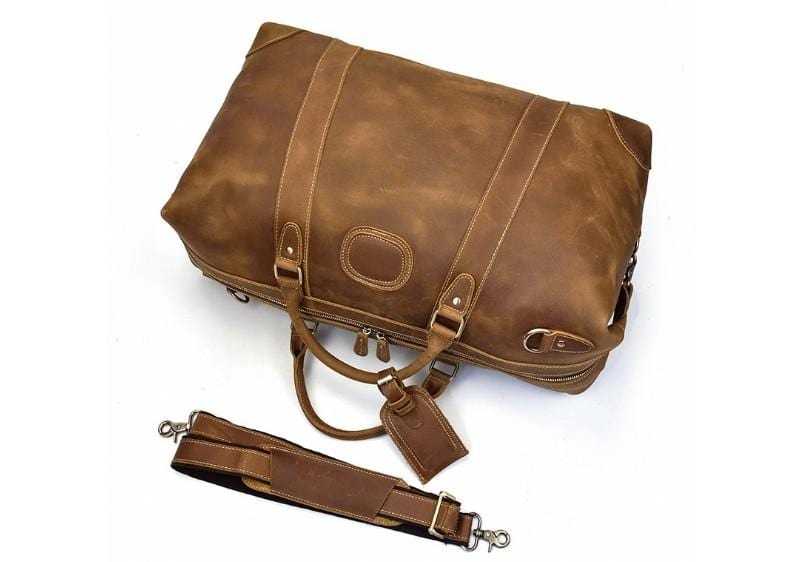 Mens Brown Leather Travel Crossbody Luggage Bag for Weekender