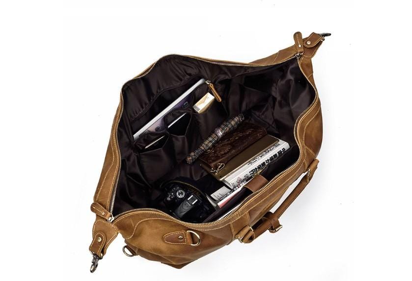 Mens Brown Leather Travel Crossbody Luggage Bag for Weekender