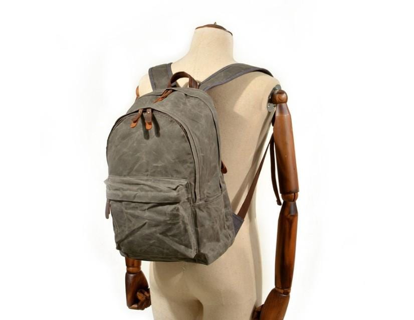 Men's Waxed Canvas Backpack Bag Mixed Leather Rucksack