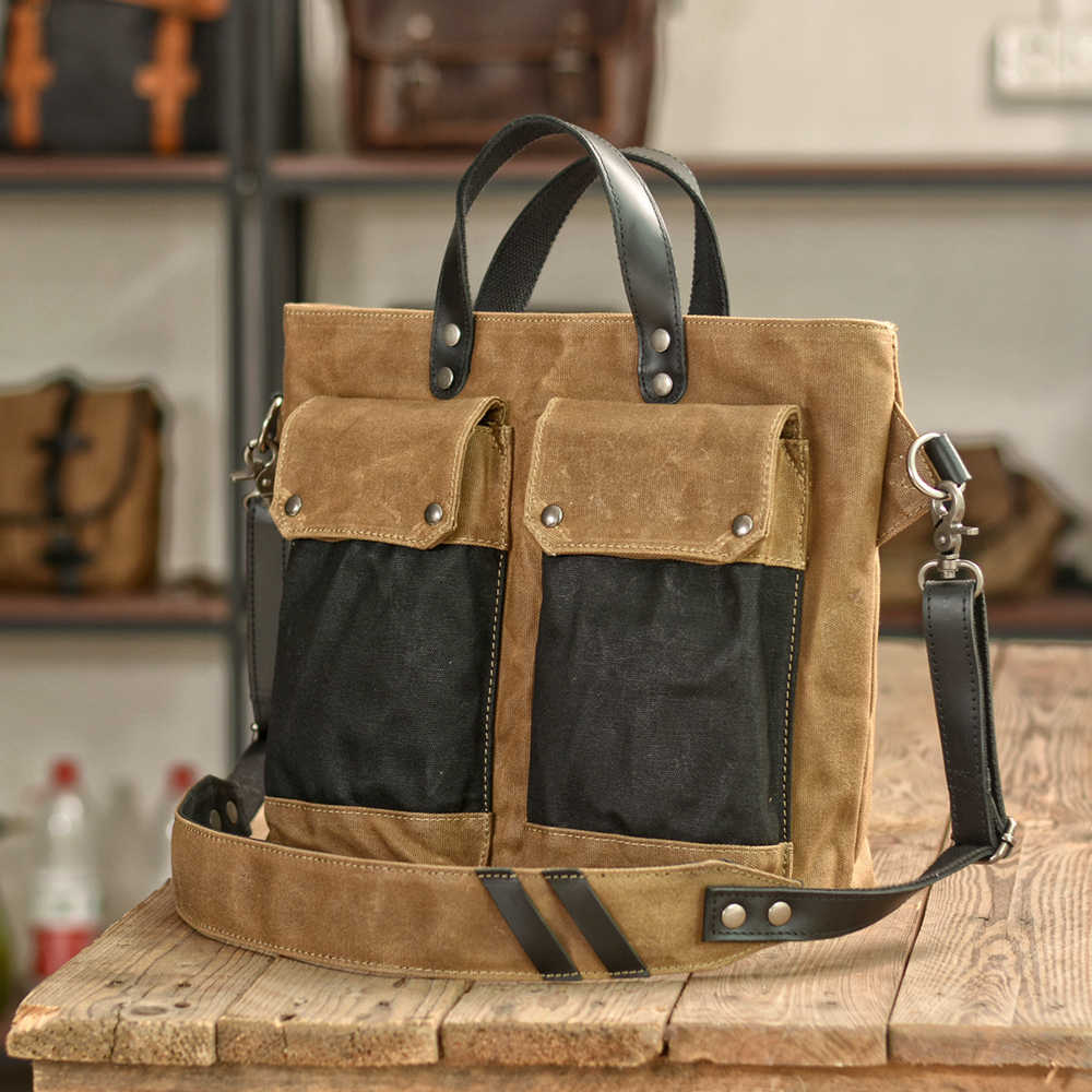 Canvas Leather Tote Bag Mens Green Brown