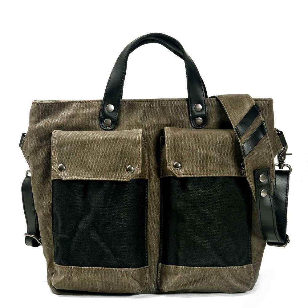 Canvas Leather Tote Bag Mens Green Brown