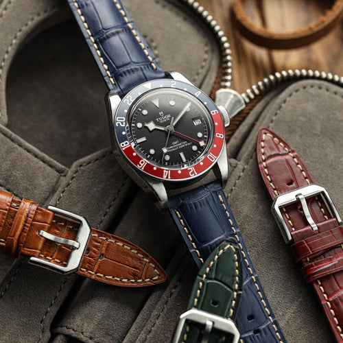 Bracelet en cuir véritable avec impression d'alligator Carolina - Bleu Oxford élégant