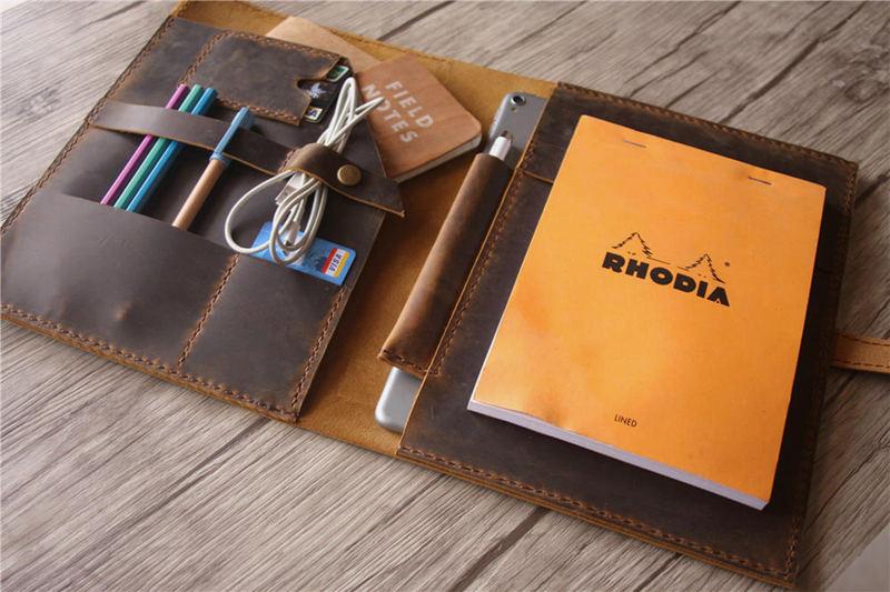 Brown Leather iPad Pro Cover Case with Pencil Holder Personalized