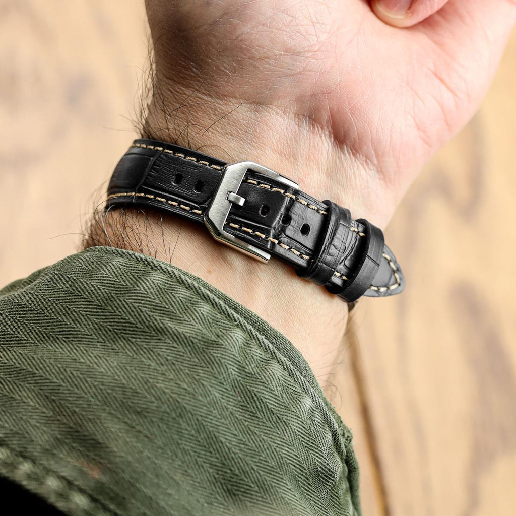 Bracelet pour montre en cuir véritable avec motif alligator Carolina - Noir Intense
