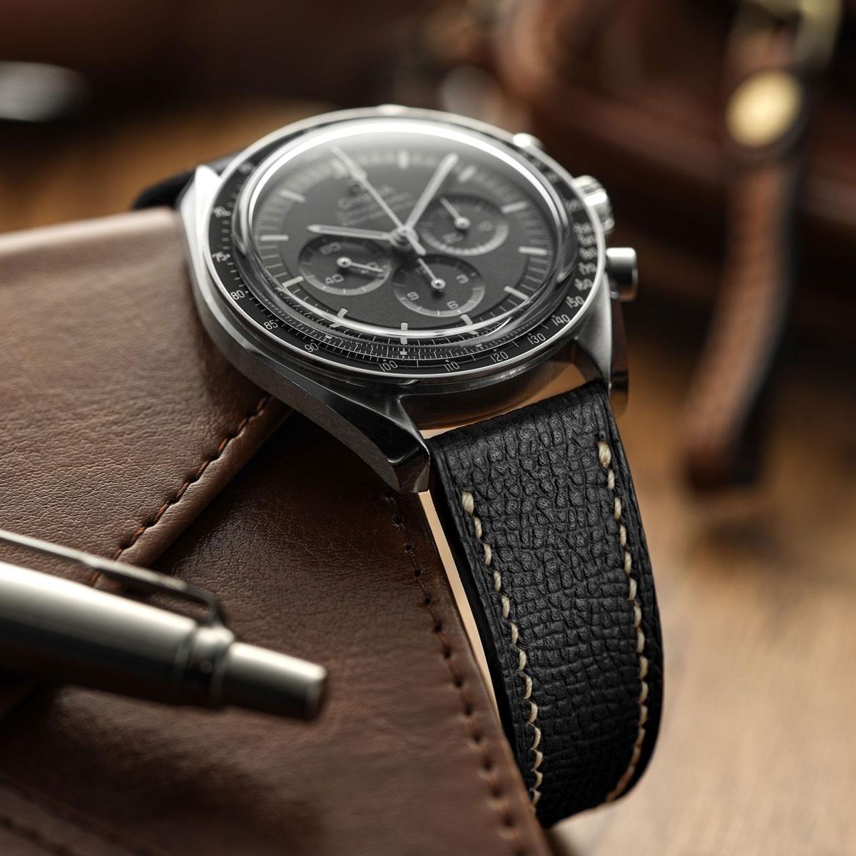 Hanley Textured Epsom Hand-Stitched Leather Watch Strap - Black