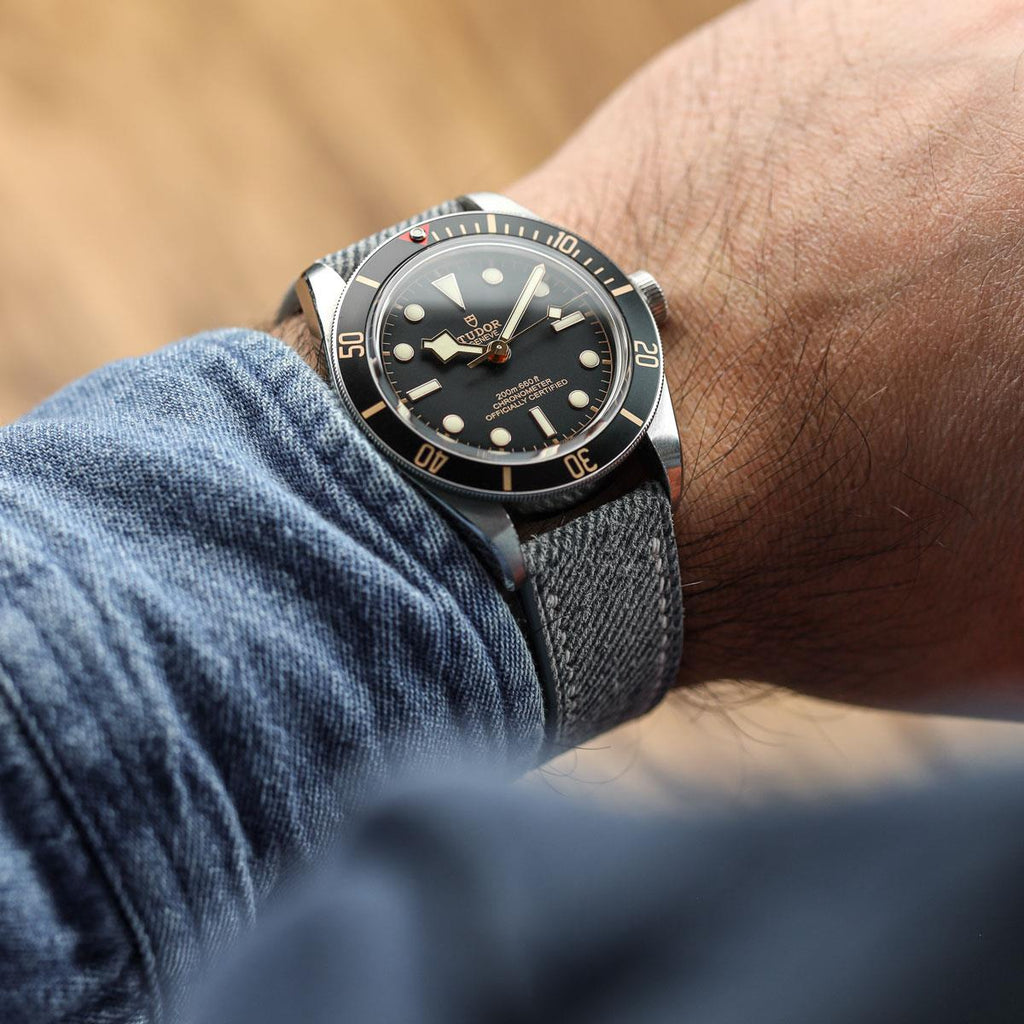 Arbour Hand-Stitched Denim & Genuine Leather Watch Strap – Elegant Grey Design