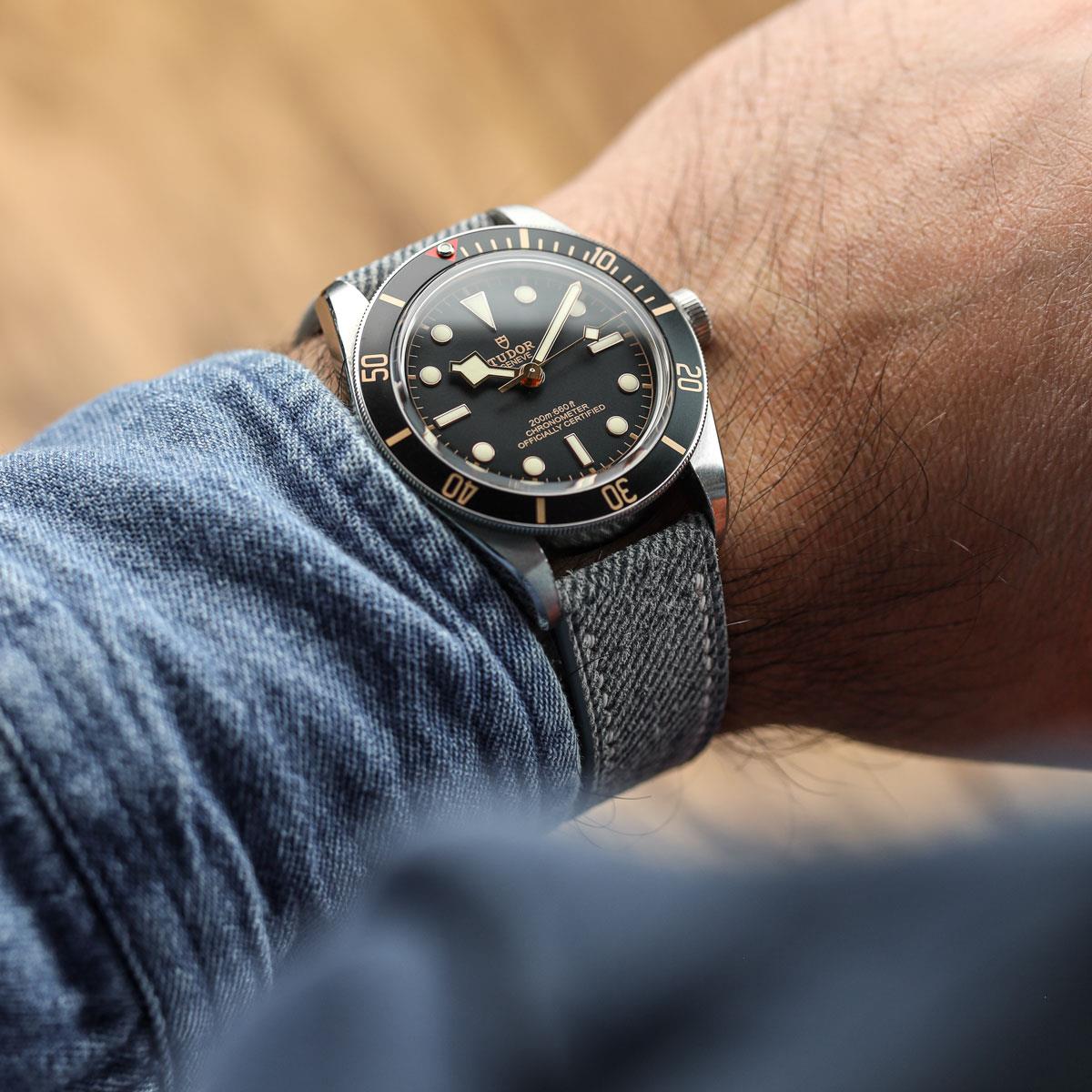 Arbour Hand-Stitched Denim & Genuine Leather Watch Strap – Elegant Grey Design