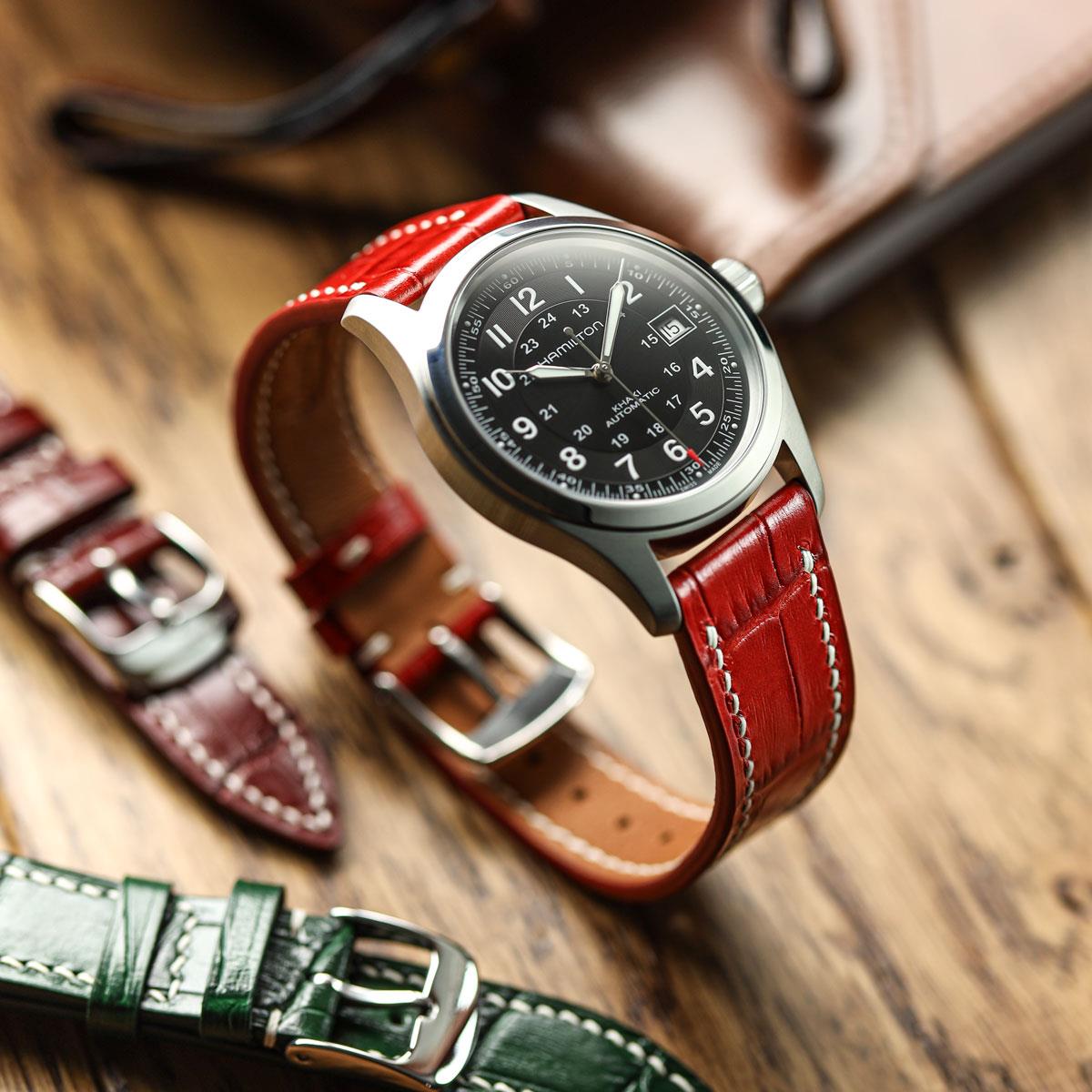 Armen Handgenähte Kalbsleder-Uhrenarmband mit Alligator-Optik in Leuchtendem Rot