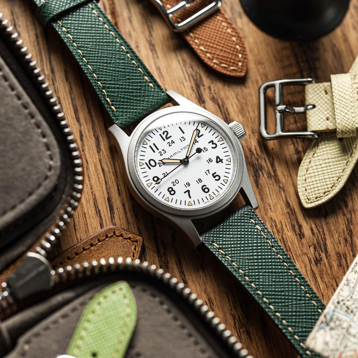 Brème Brixham en cuir saffiano avec boucle Jasper Vert - Bracelet de montre élégant