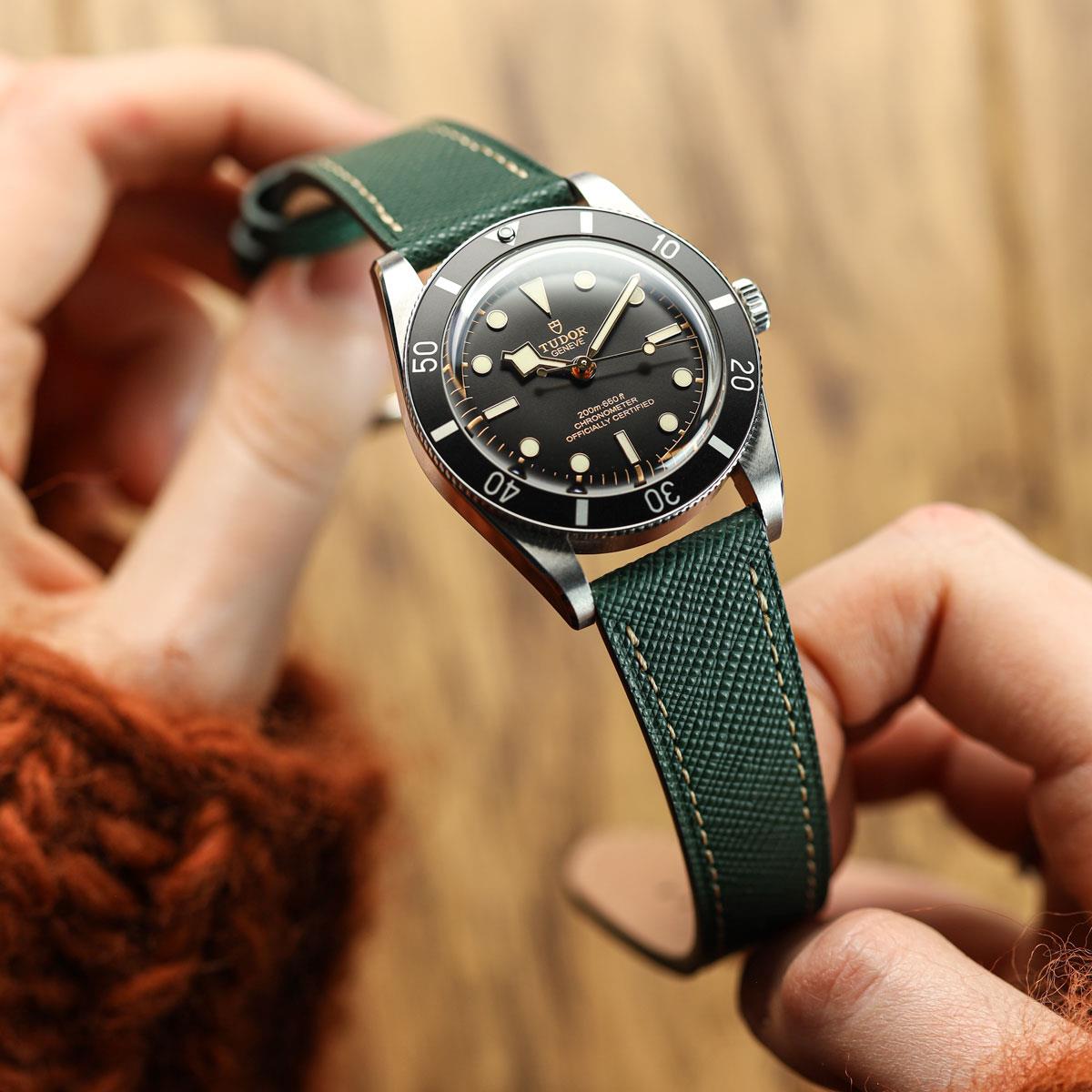 Brème Brixham en cuir saffiano avec boucle Jasper Vert - Bracelet de montre élégant