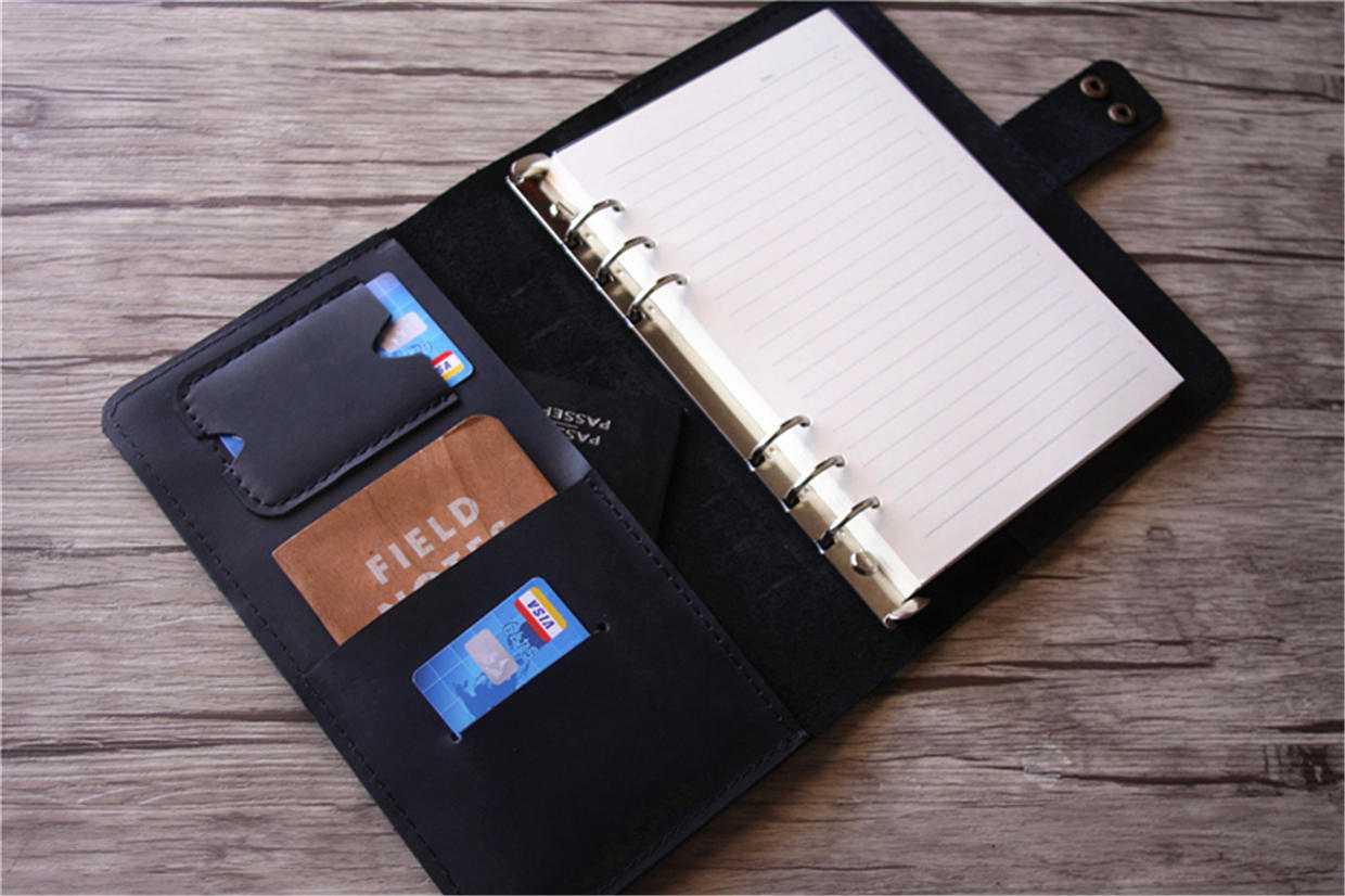 Refillable Black Leather 6 Ring Binders Folder
