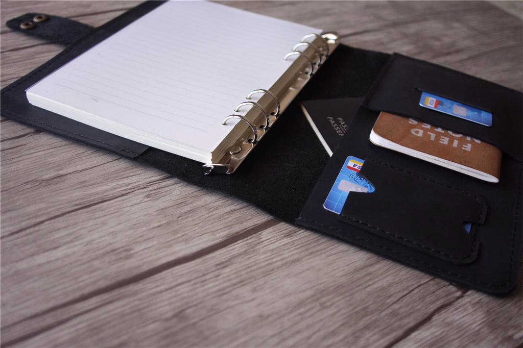 Refillable Black Leather 6 Ring Binders Folder