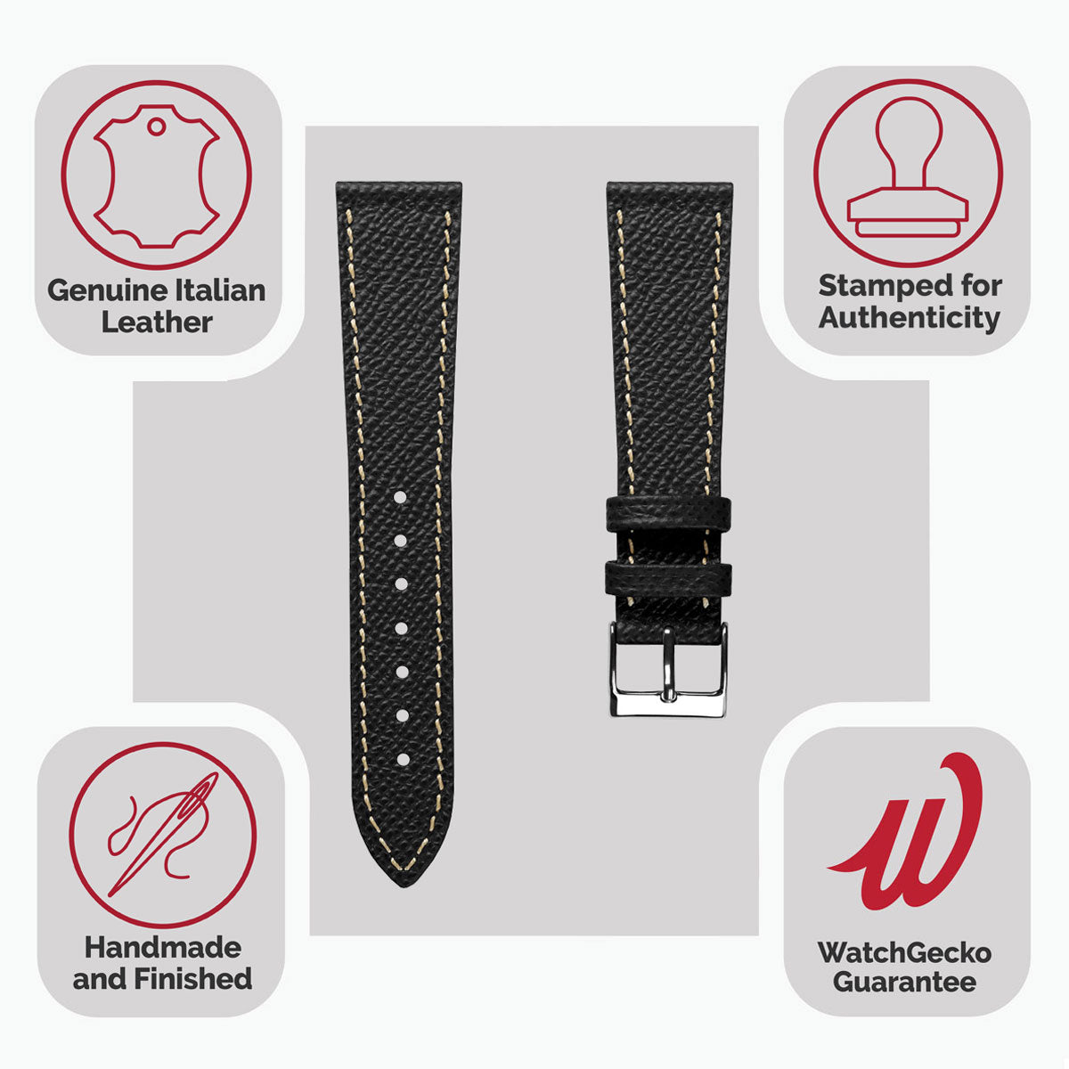 Luxury Hand-Stitched Epsom Italian Leather Watch Strap in Elegant Alpine Black