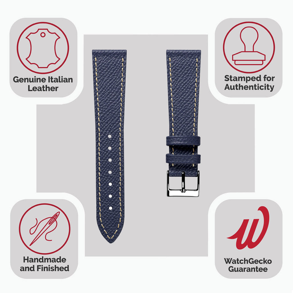 Cinturino per orologio in vera pelle italiana Epsom cucito a mano - Blu alpino