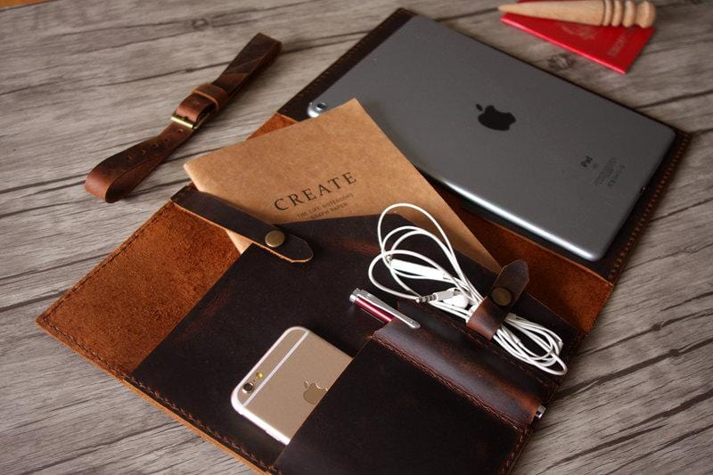 Personalized iPad Leather Portfolio Dark Brown