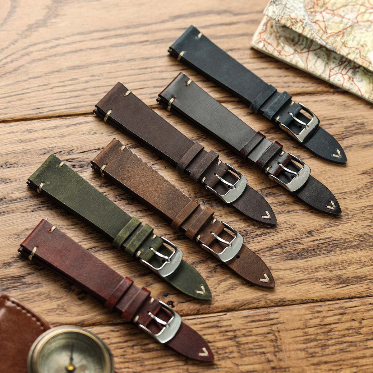Crazy Horse V-Stitch Leather Watch Strap - Crazy Horse Bordeaux