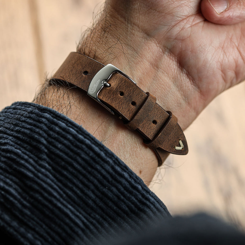 Crazy Horse V-Stitch Leather Watch Strap - Crazy Horse Dark Brown