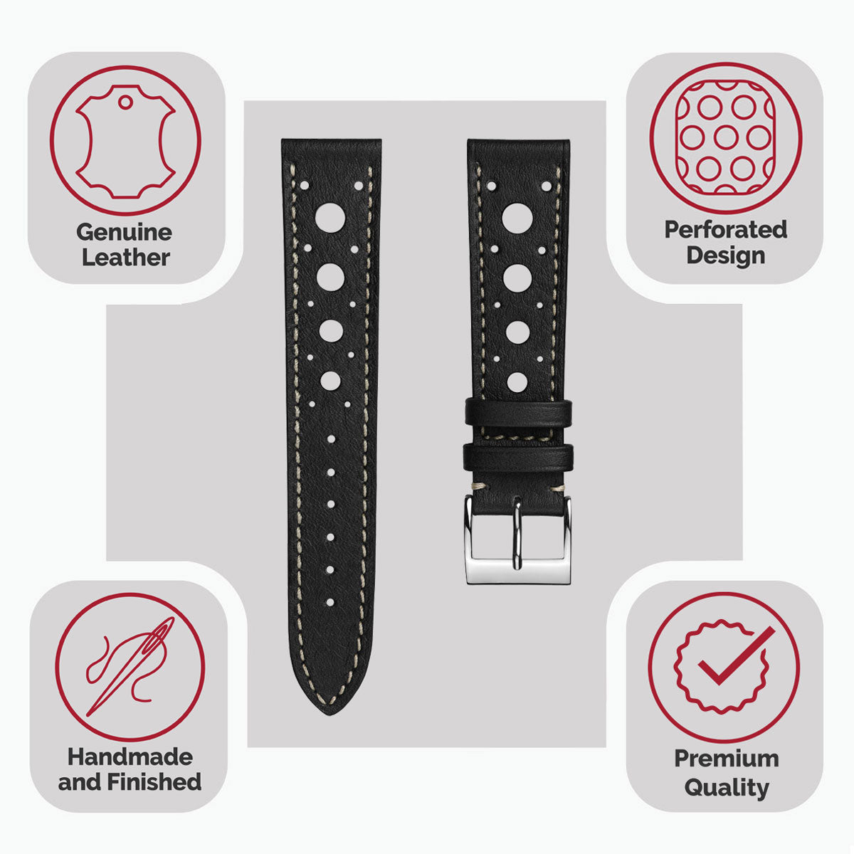 Bracelet en cuir fait main Boutsen Cavallo Racing pour montre - Élégance noire