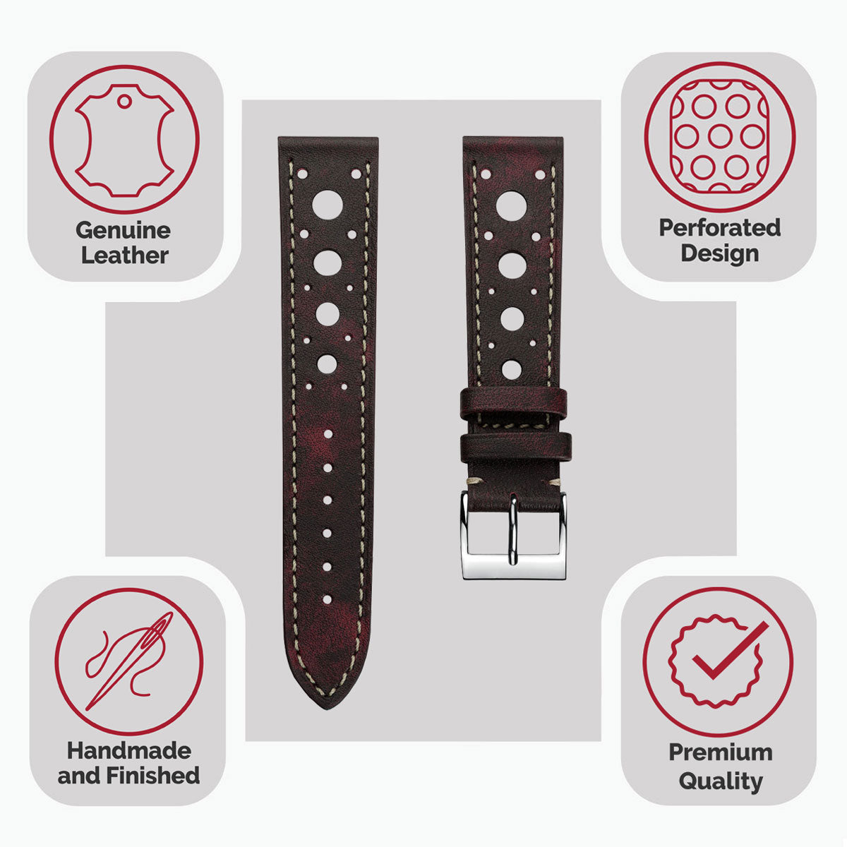 Bracelet de Montre en Cuir Patiné Fait Main de Boutsen Racing - Burgundy