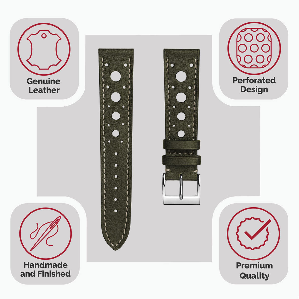 Bracelet de Montre en Cuir Patiné fait Main Boutsen Racing - Vert Armée