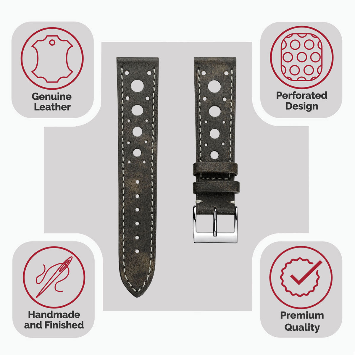 Bracelet de Montre en Cuir Patiné Fait Main par Boutsen Racing - Mocca