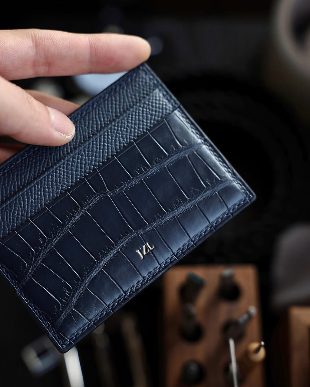 Card holder Epsom mix Cá Sấu Croc xanh navy