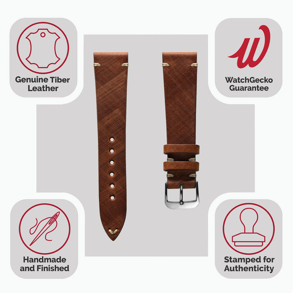 Cortez Vintage Stitching Genuine Leather Watch Strap - Mahogany