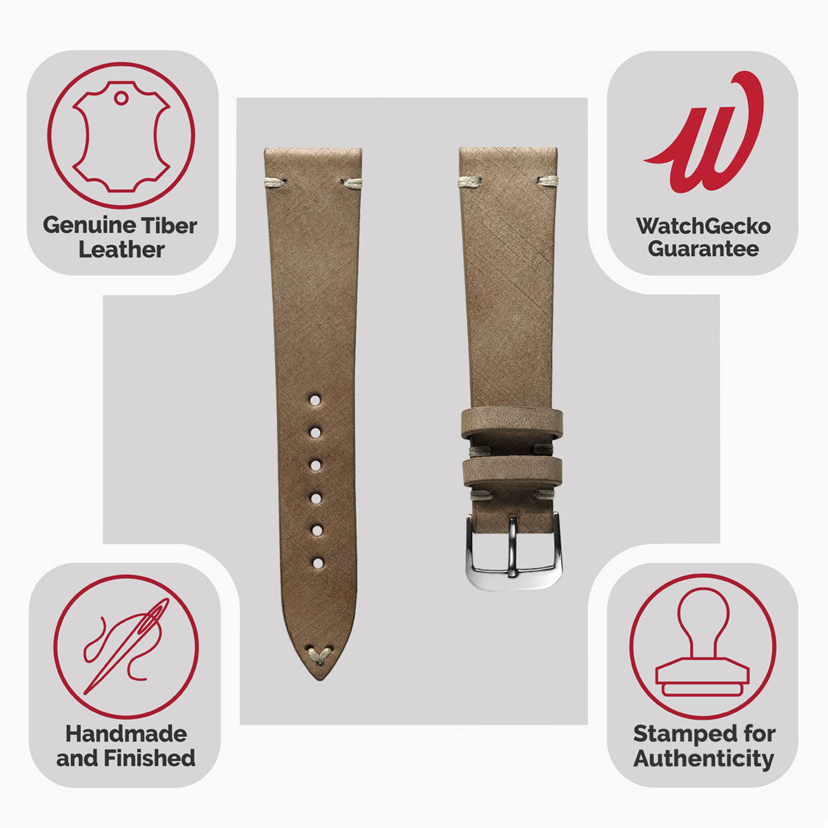 Cortez Vintage Stitching Genuine Leather Watch Strap - Beige