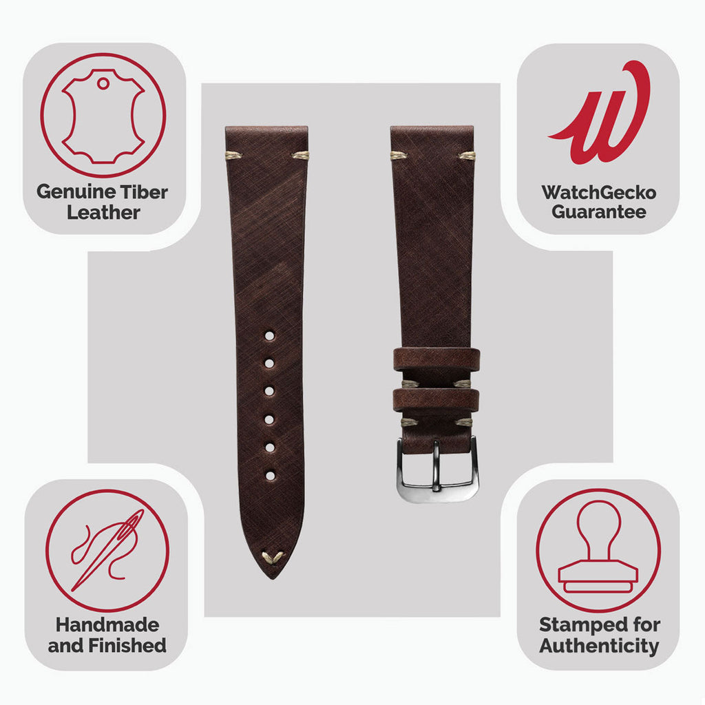 Cortez Vintage Stitching Genuine Leather Watch Strap - Mocha