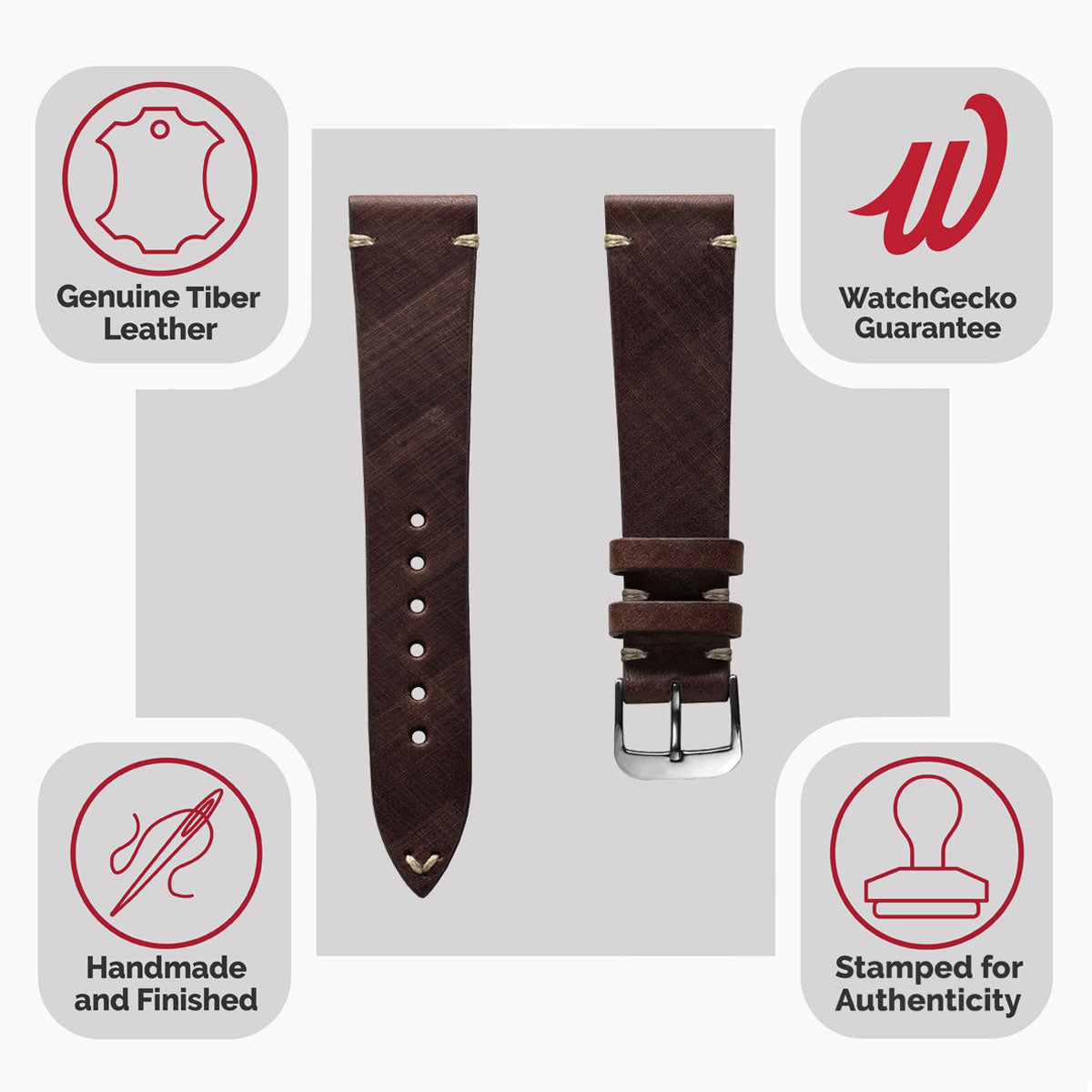 Cortez Vintage Stitching Genuine Leather Watch Strap - Mocha