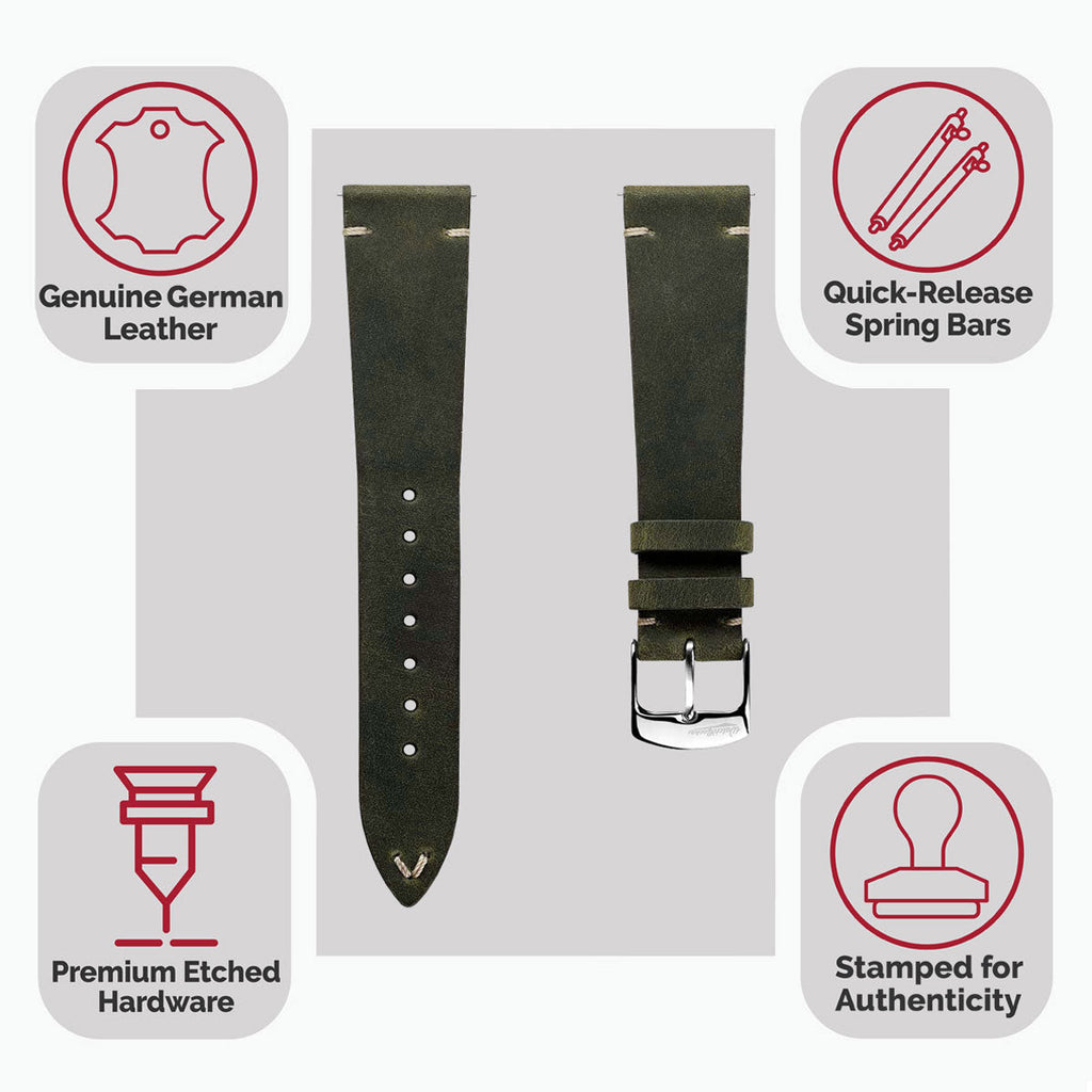 Crazy Horse V-Stitch Leather Watch Strap - Crazy Horse Olive Green
