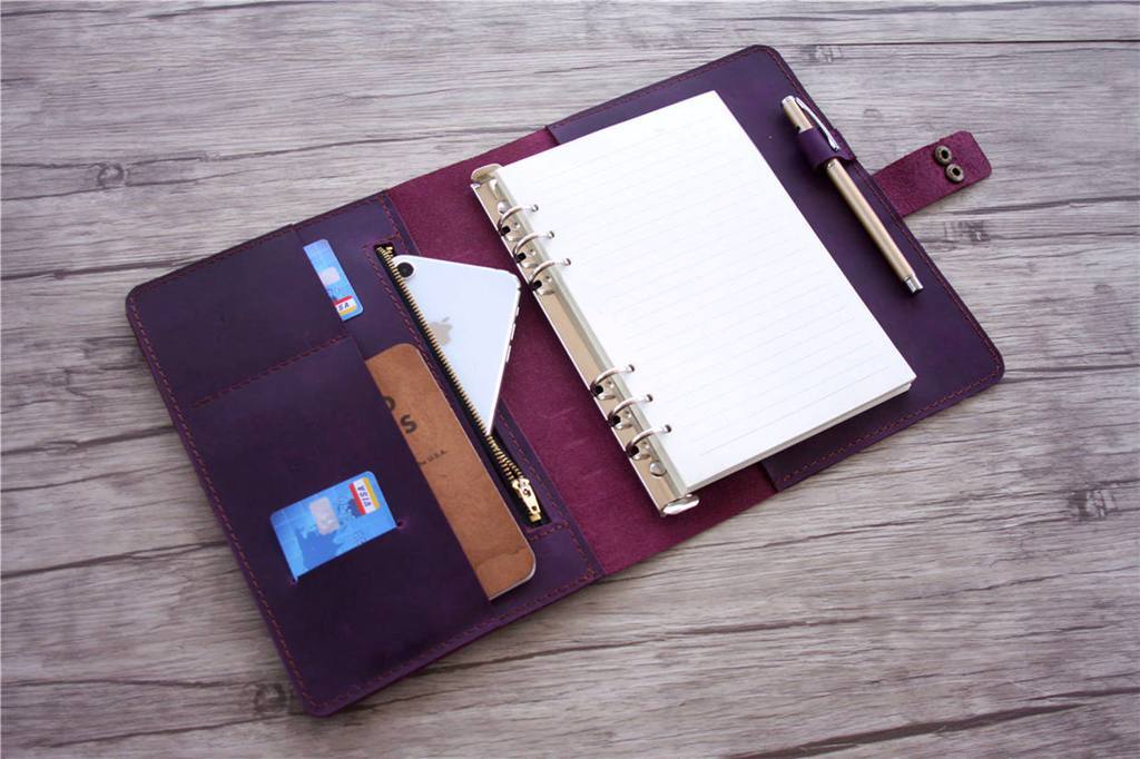 Personalized Refillable Purple Leather 6 Ring Binders Notebook