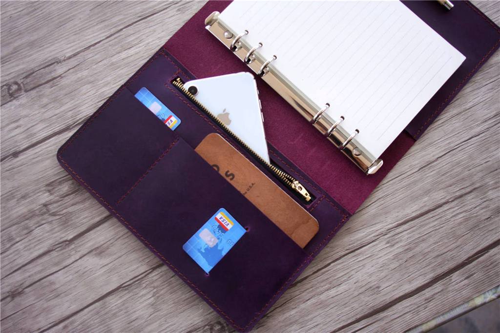 Personalized Refillable Purple Leather 6 Ring Binders Notebook