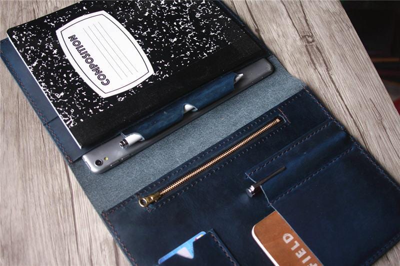 Blue Leather iPad Cover Case with Pencil Holder Personalized