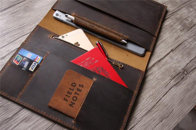Personalized Zippered Leather Padfolio Distressed Brown