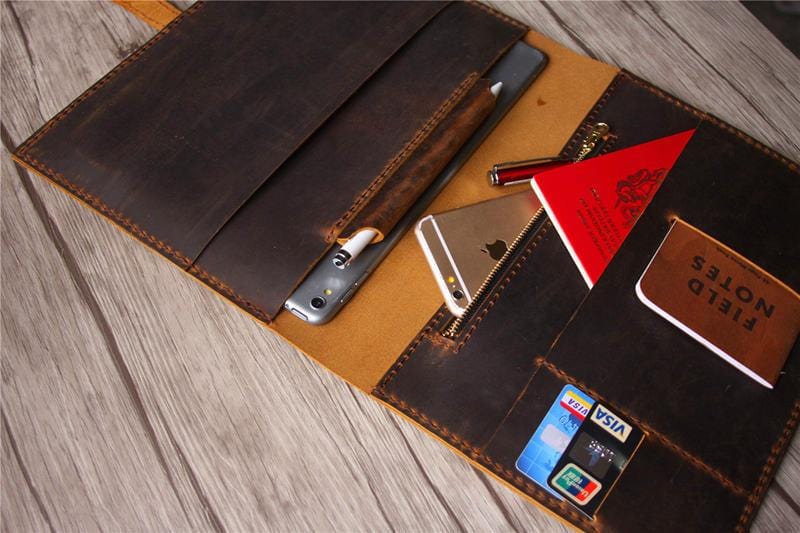 Personalized Zippered Leather Padfolio Distressed Brown