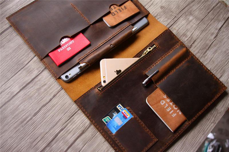 Embossed Brown Mens Leather Portfolio Folder