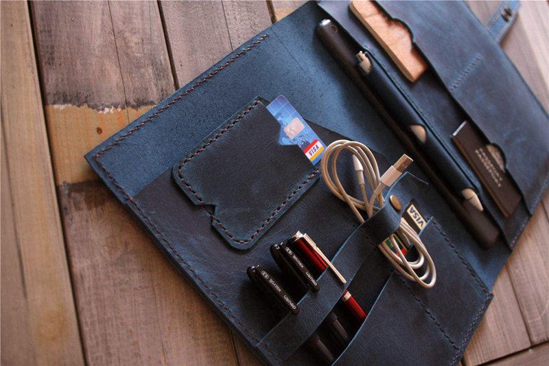 Monogrammed Surface Book Sleeve Case Blue Leather