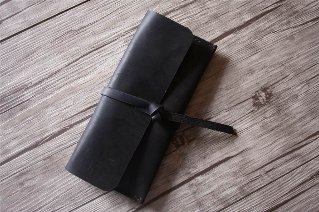 Black Leather Pencil Case Holder Tool Roll
