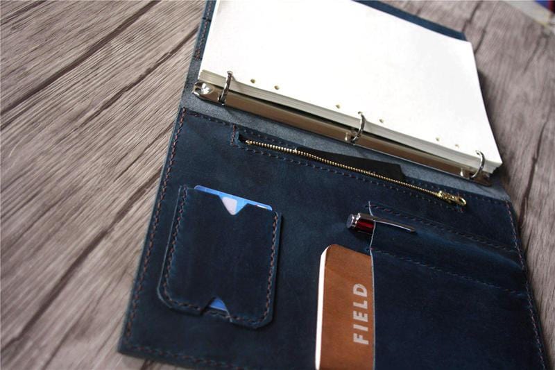 Personalized Leather Portfolio with Zipper Distressed Blue