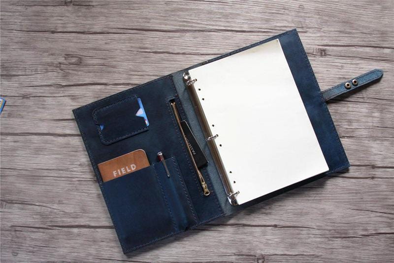 Personalized Leather Portfolio with Zipper Distressed Blue