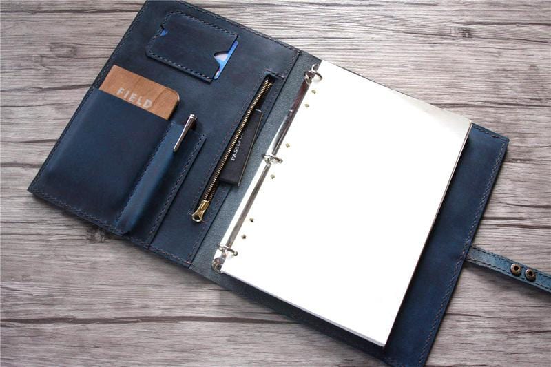 Personalized Leather Portfolio with Zipper Distressed Blue