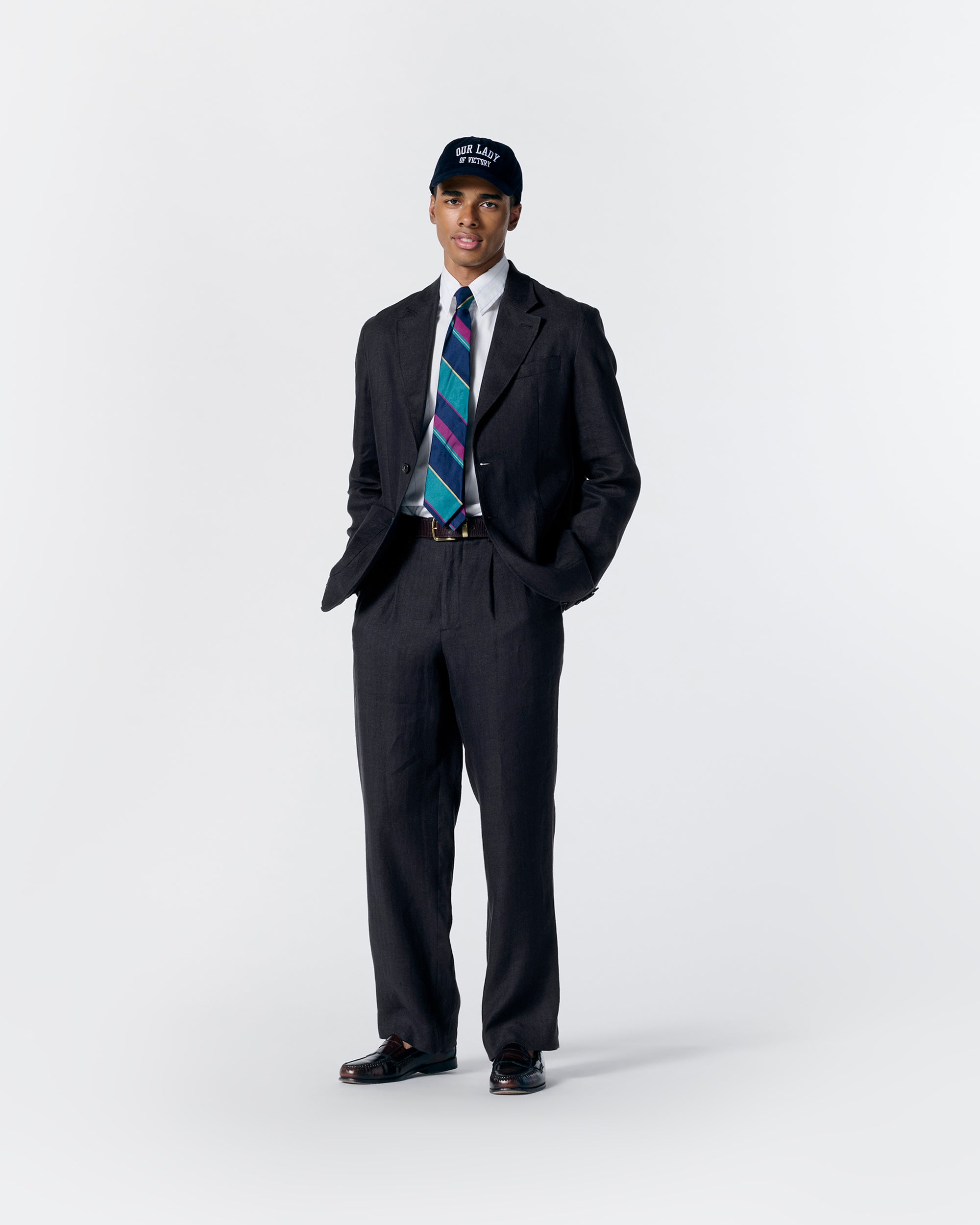 Double-Pleat Herringbone Linen Trousers