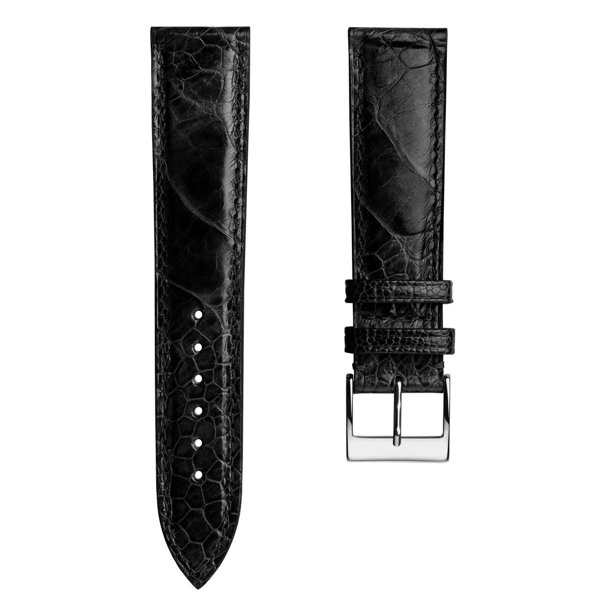 Bracelet de montre en cuir fait main avec jambe d'autruche Durbuy en noir brillant