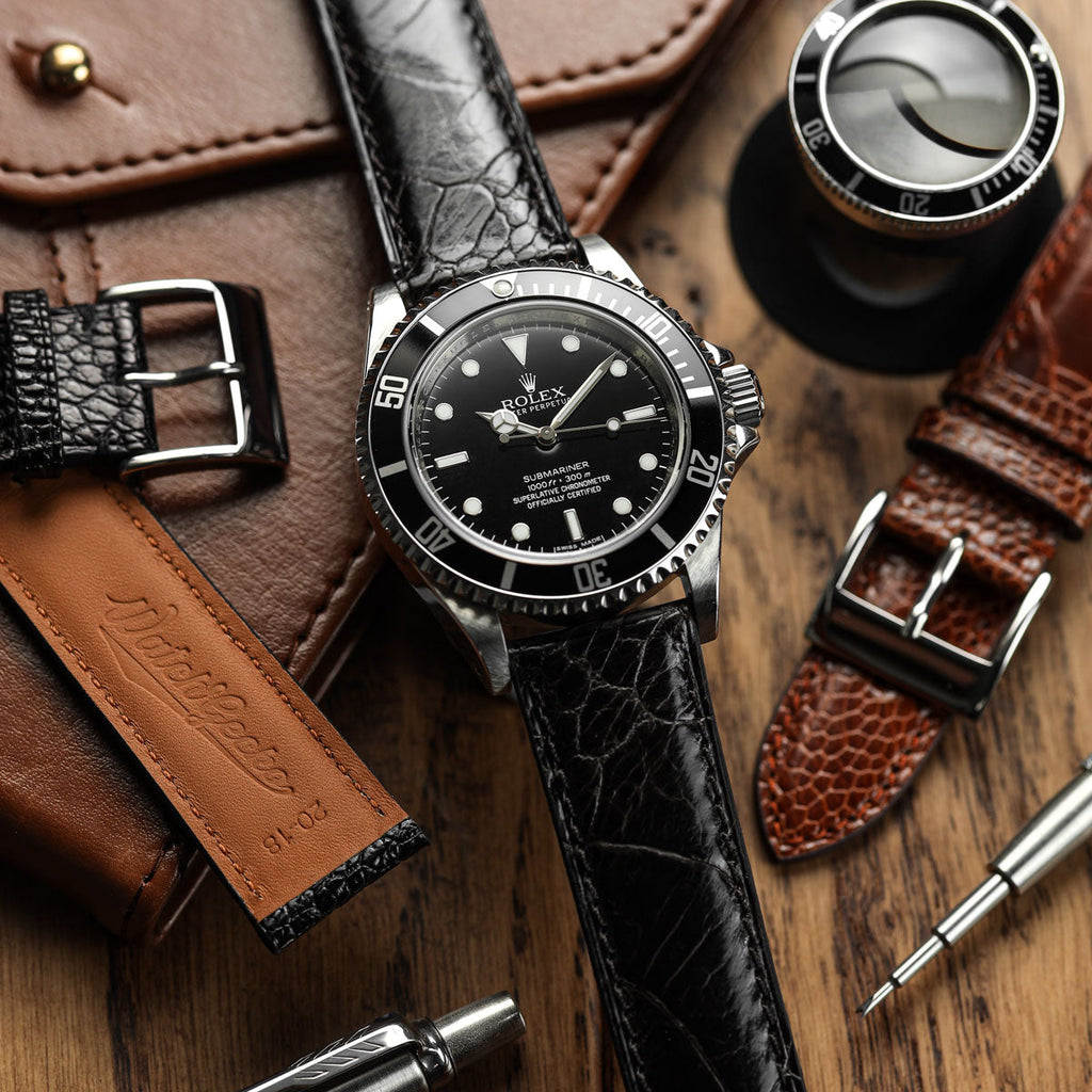 Bracelet de montre en cuir fait main avec jambe d'autruche Durbuy en noir brillant
